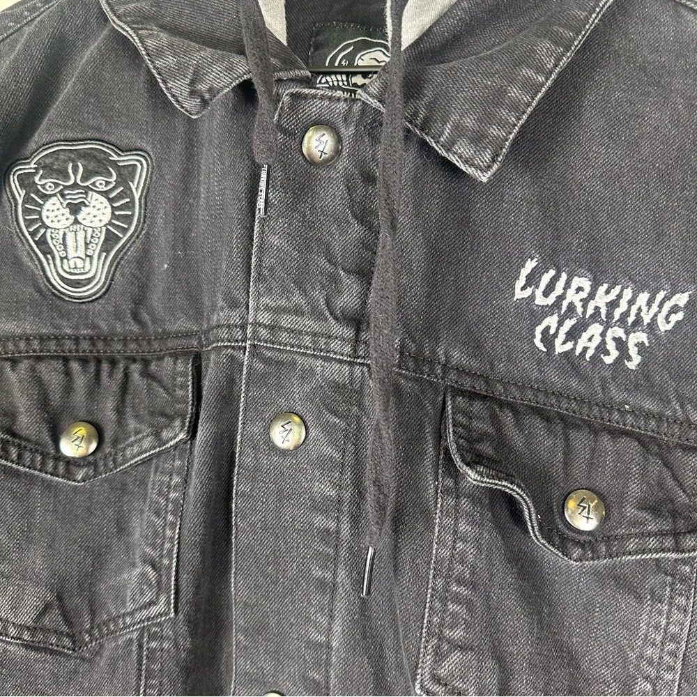 LURKING CLASS XXL Men Grunge Streetwear Black and Gray Patch Denim Hoodie Jacket - Picture 2 of 7